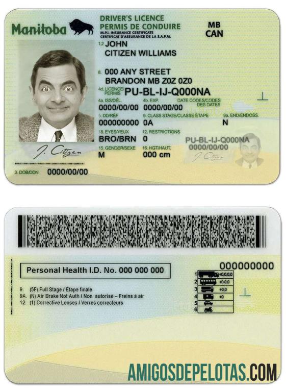 Carta de condução da província de Manitoba no Canadá exemplo